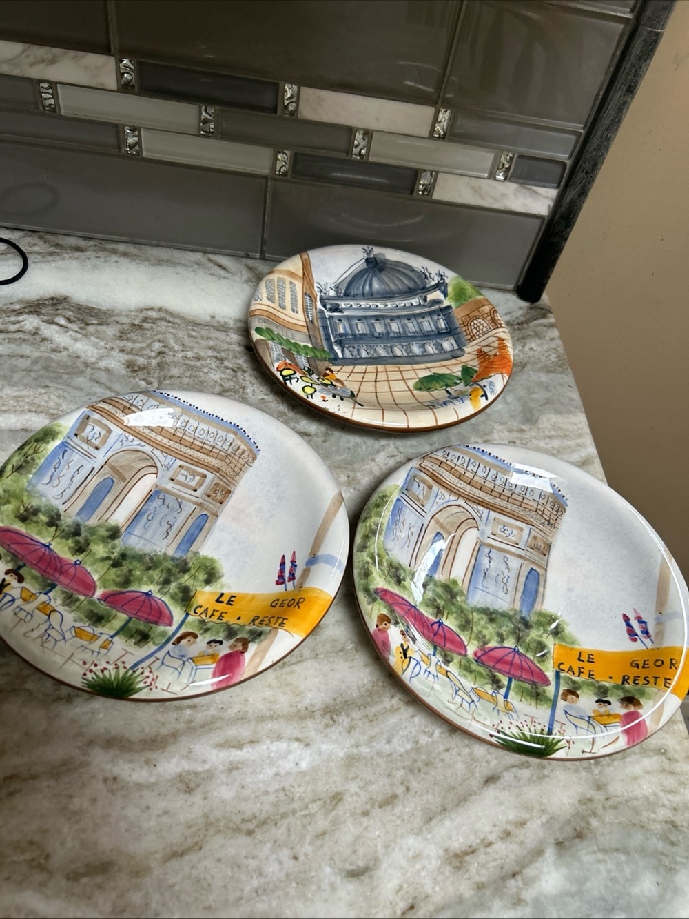 American Atelier At Home Earthenware Parisian Hand Painted 8" Plate Set Of 3